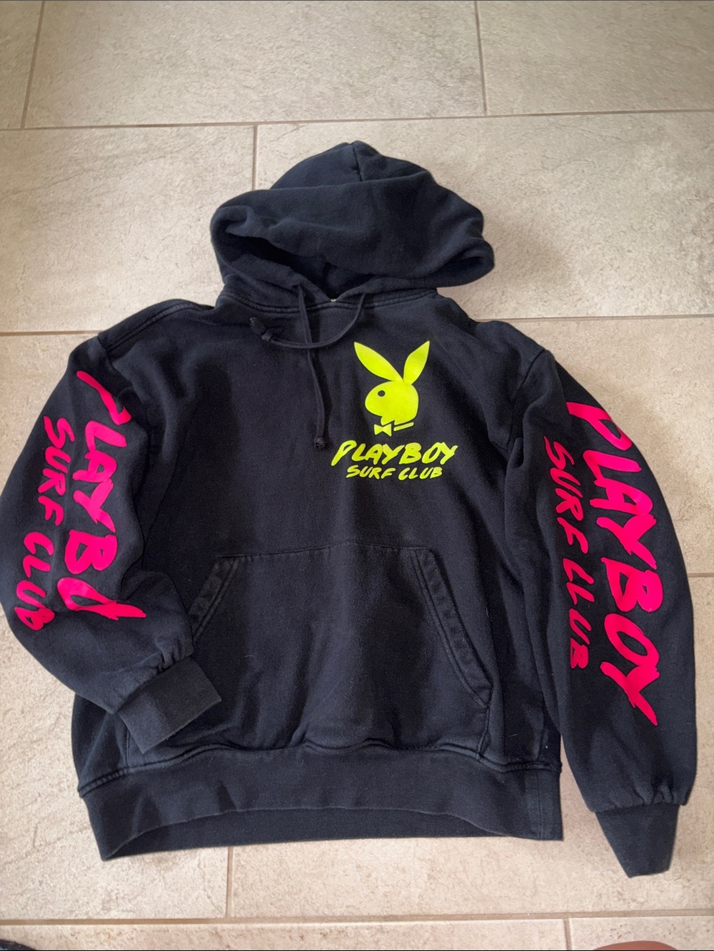 Playboy Surf Club PacSun Hoodie Mens Black Neon Yellow Pink Puff Print